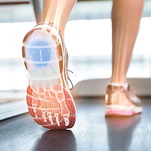 A close-up image shows the sole of a foot inside a shoe, with transparent blue layers and downward arrows indicating pressure distribution. Underlying the foot, a translucent image of the foot bones is visible. orthotic insoles, shoe insoles, foot support, arch support, pressure relief, foot pain, health and personal care.