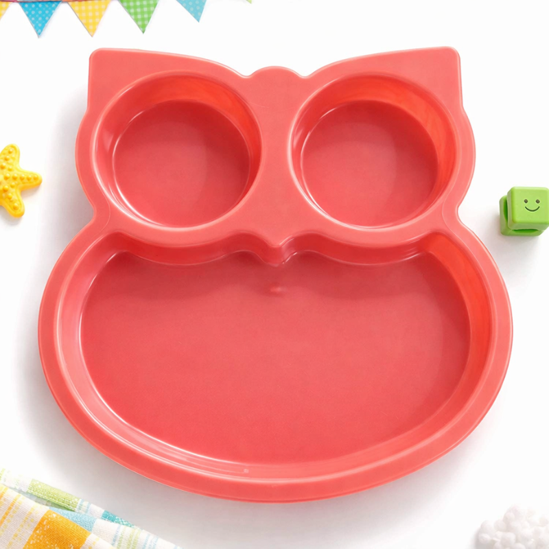 Owl Shape Sectioned Kids Plates | 3-Compartment Self Feeding Plate for Toddlers | Food-Grade Plastic Dinner Plate (Random Colors-Pack of 2)