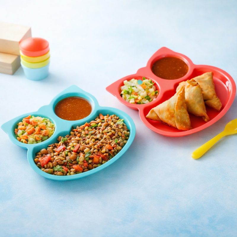 Owl Shape Sectioned Kids Plates | 3-Compartment Self Feeding Plate for Toddlers | Food-Grade Plastic Dinner Plate (Random Colors-Pack of 2)