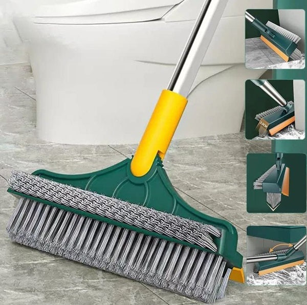 3-in-1 Bathroom Cleaning Brush with Wiper – Long Handle Floor, Tile & Corner Scrubber with Scraping Blade (Plastic & Stainless Steel)