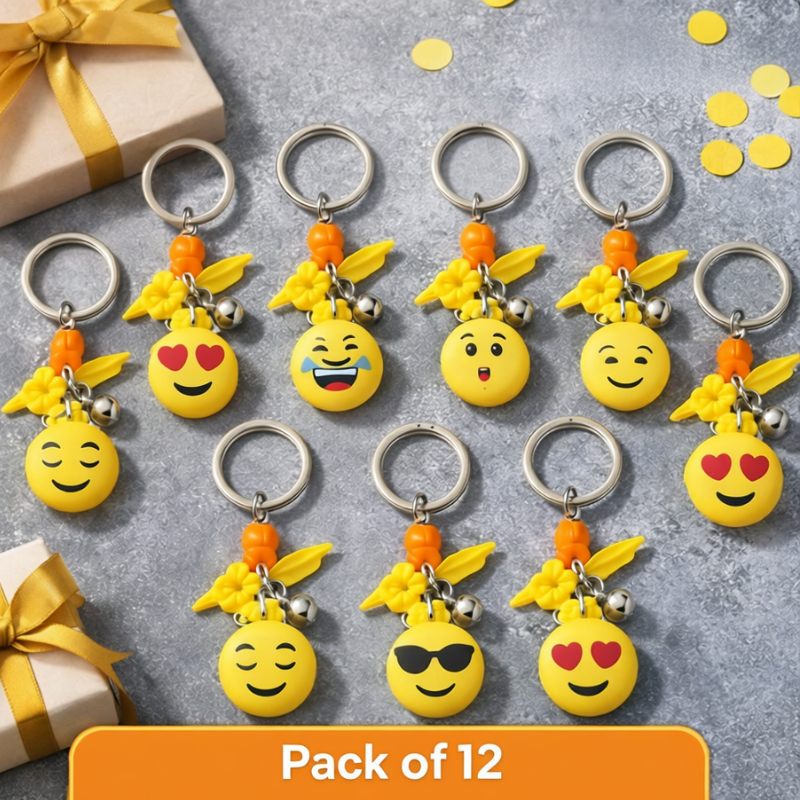 12 Pcs Smiley Face Keychain with Charms & Bells – Cute Emoji Key Ring for Bags, Keys & Gifts