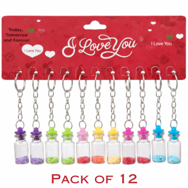 12 Pcs Glitter Glass Bottle Keychain – Mini Transparent Decorative Key Ring with Sparkle Finish (Random color)