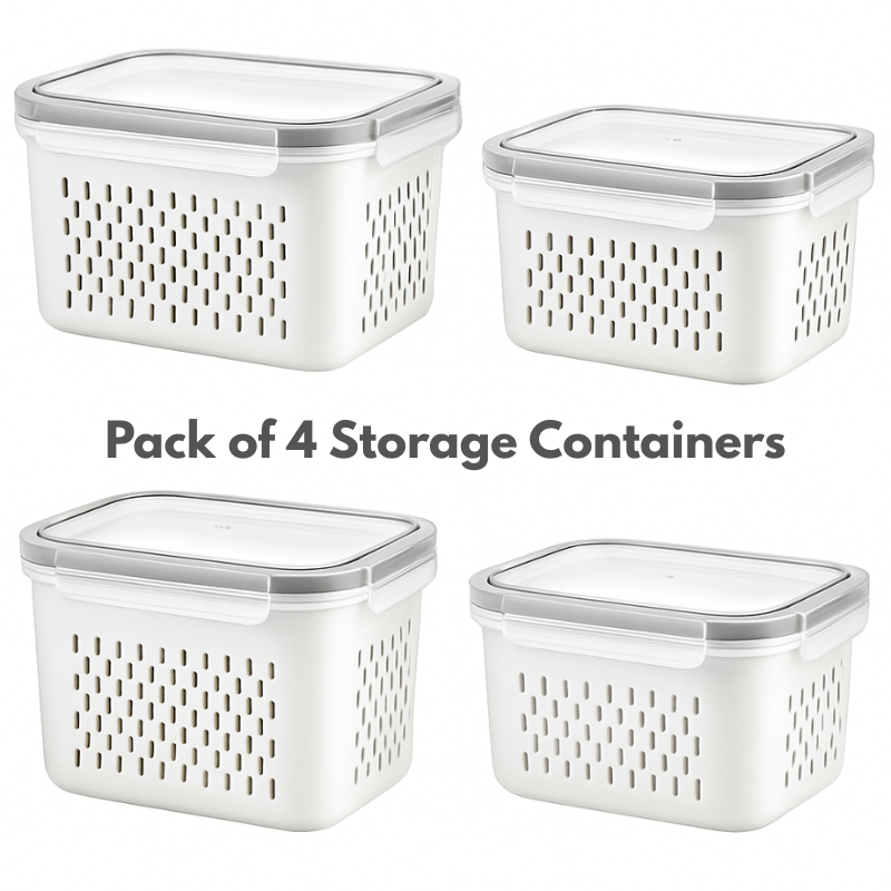 4 Pcs Vegetable and Fruit Storage Containers with Lids – BPA-Free Fridge Organizer Bins with Drain Basket