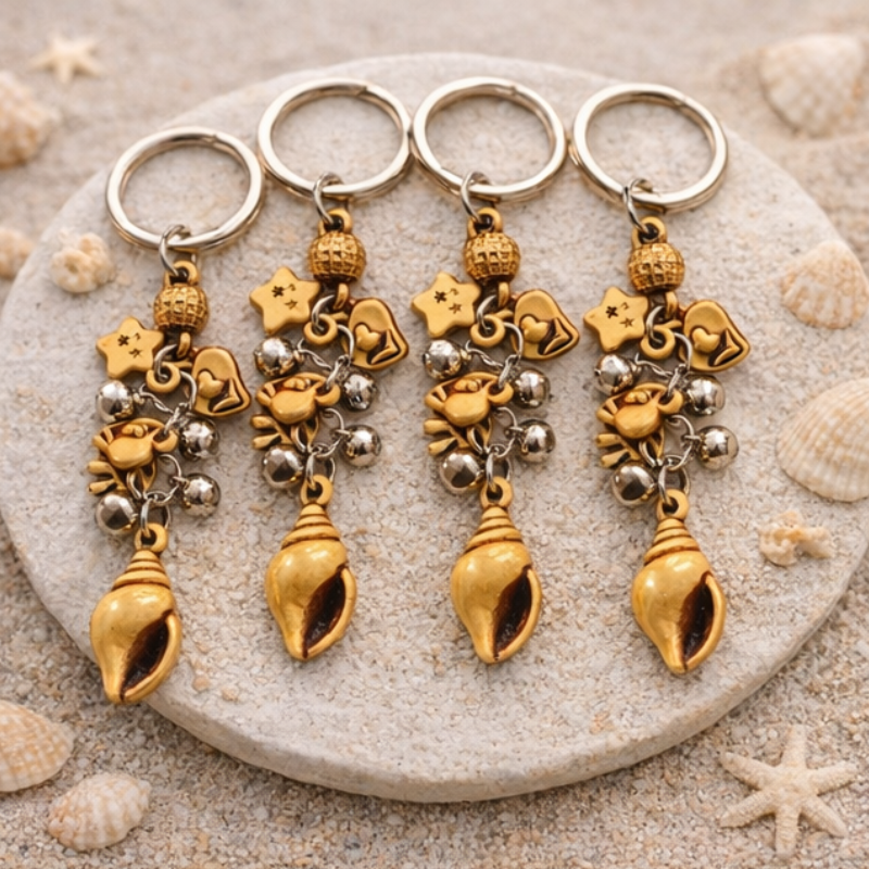6 Pcs Seashell Keychain with Star & Bell Charms – Cute Ocean-Theme Key Ring