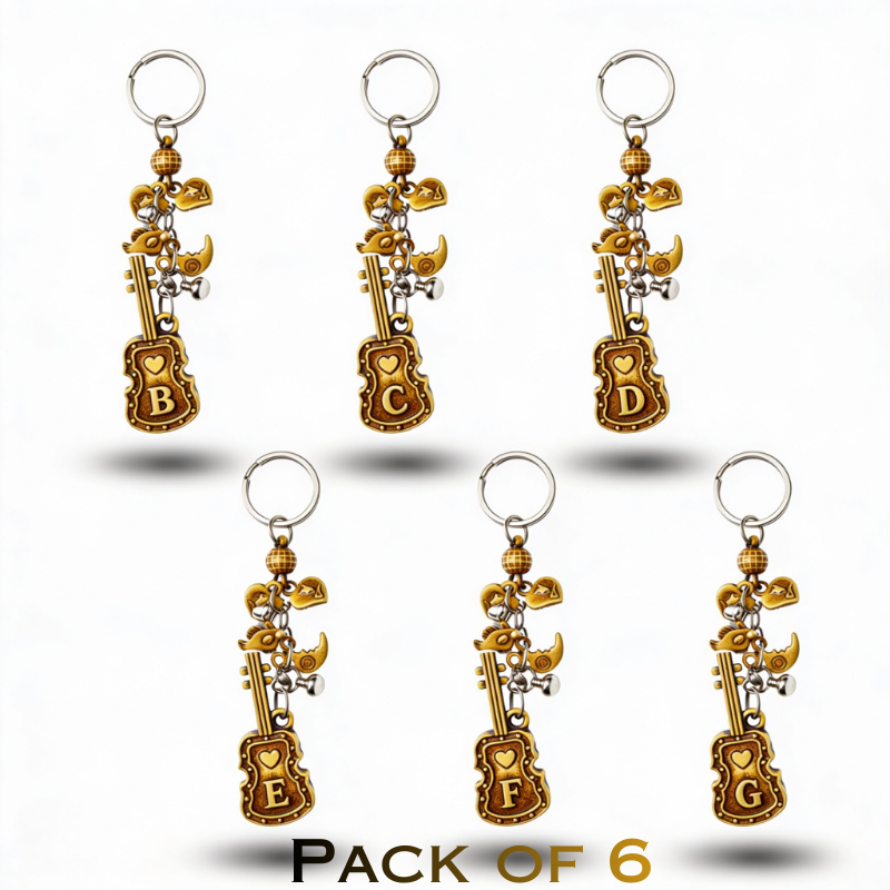 6 Pcs Guitar-Shaped Alphabet Initial Keychain with Cute Charms – Letter Key Ring (Random Alphabet Initial)