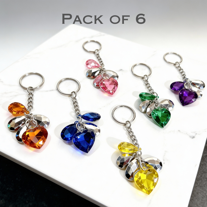 6 Pcs Metal Crystal Keychain with Heart & Teardrop Design – Elegant Decorative Key Ring (Random color)