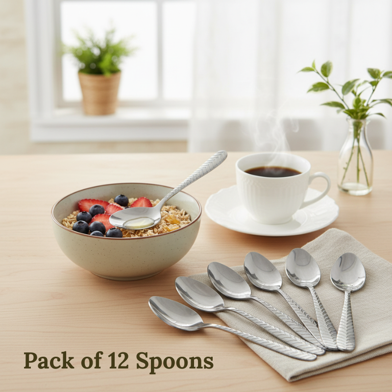 Stainless Steel Spoons with Decorative Textured Handles – Multipurpose Durable Flatware (Pack of 12)