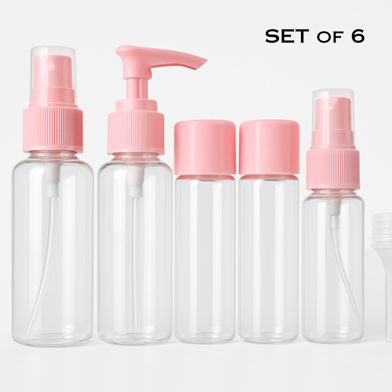 Clear Travel Toiletry Bottle Set – Reusable BPA-Free Plastic Pump, Spray & Lotion Containers with Spatula for Cosmetics & Skincare(Set of 6 Pcs)