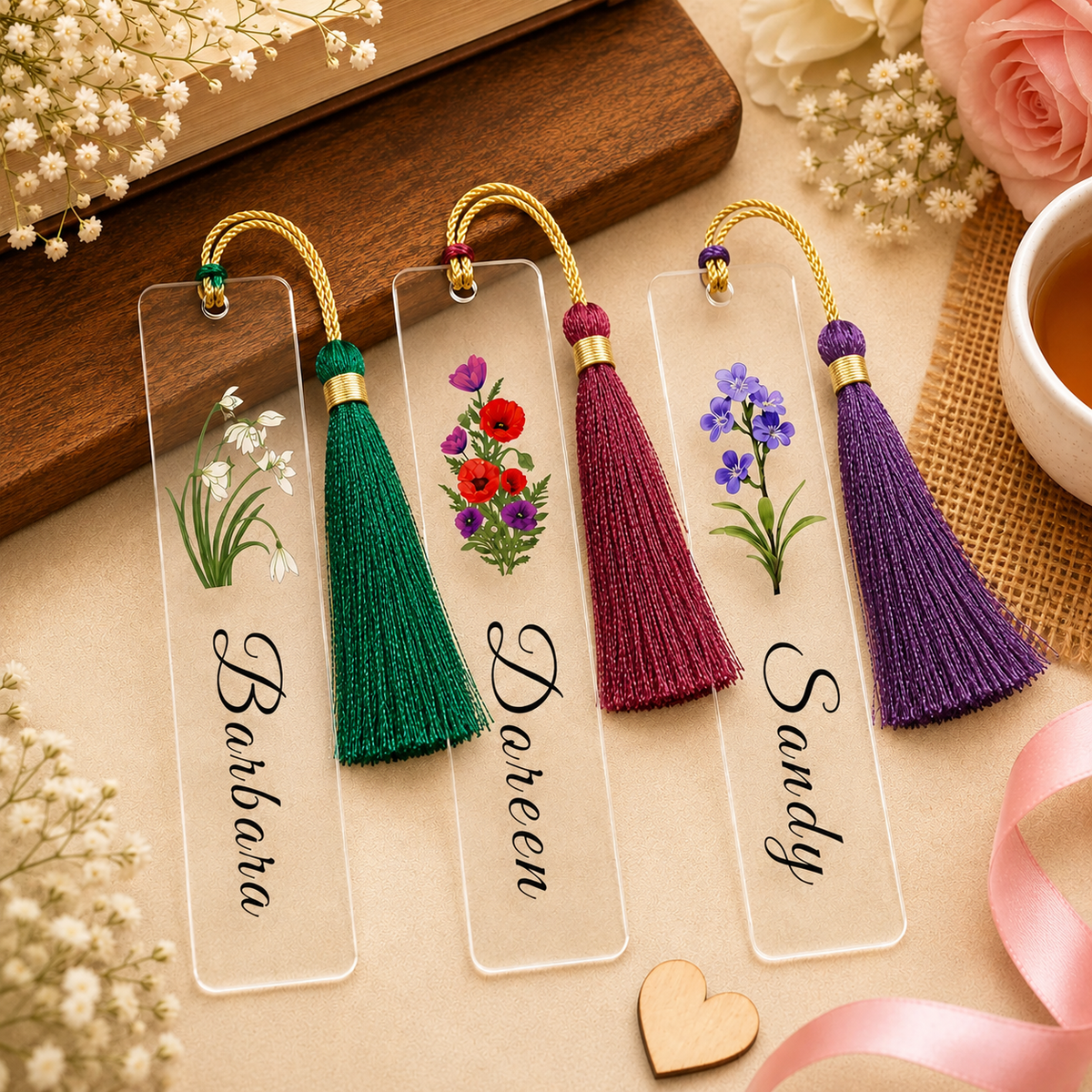 Personalized Acrylic Bookmark with Name & Birth Month Flower – Custom Book Page Holder with Tassel | Gift for Book Lovers & Women (Random Tassel Color)