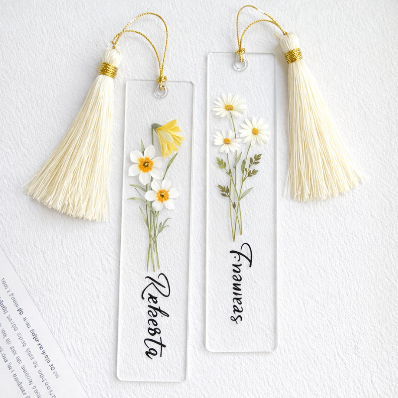 Personalized Acrylic Bookmark with Name & Birth Month Flower – Custom Book Page Holder with Cream Silk Tassel | Gift for Book Lovers & Women