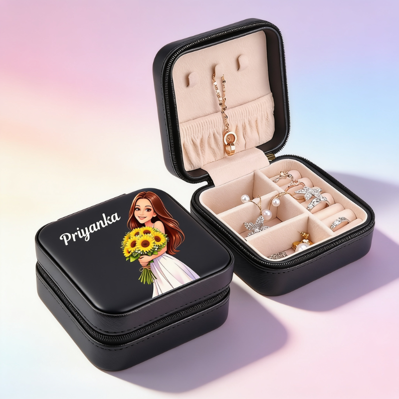 Personalized PU Leather Travel Jewelry Organizer with Custom Illustration & Name – Custom Jewelry Box Case for Women & Girls