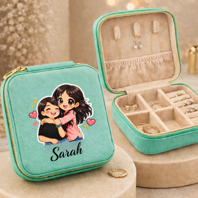 Personalized Chibi-Style Illustration Jewelry Organizer – Custom Travel Jewelry Box Case | Cute Anime Gift for Girls & Women