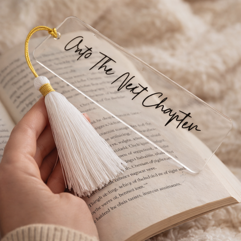 Personalized Clear Acrylic Bookmark with Custom Text & Cream Silk Tassel – Elegant Transparent Book Marker Gift for Readers