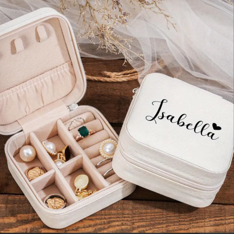 Personalized Jewelry Box with Custom Name & Heart – Elegant White Zipper Jewelry Organizer