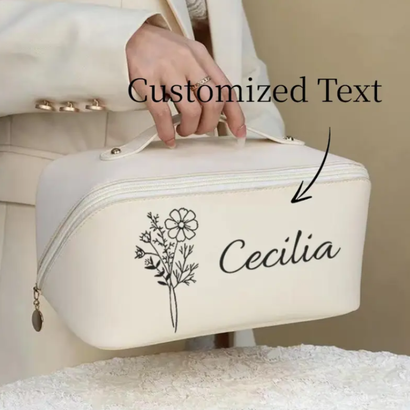 Personalized Makeup Bag with Custom Birthday Flower – Elegant Floral Cosmetic Organizer for Women