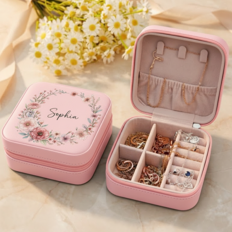 Personalized PU Leather Mini Travel Jewelry Organizer Box with Your Name – Compact Jewelry Storage Case for Rings, Earrings & Necklaces (Random Box)