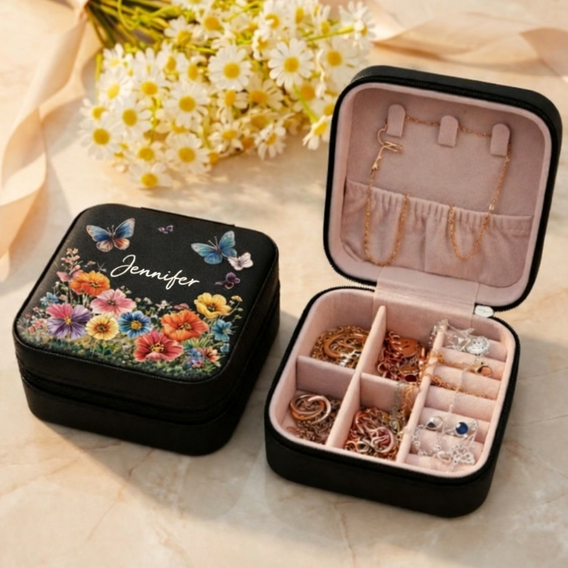 Personalized Travel Jewelry Organizer with Name – Custom Floral / Butterfly Design Jewelry Storage Box (Random Box)