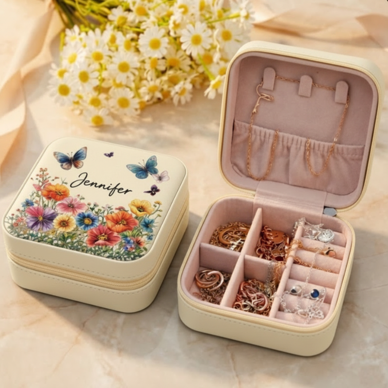 Personalized Travel Jewelry Organizer with Name – Custom Floral / Butterfly Design Jewelry Storage Box (Random Box)