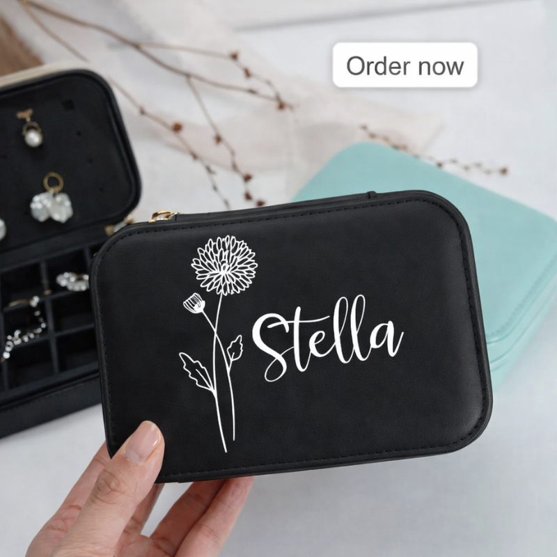 Personalized Birth Flower Jewelry Box – Custom Leather Travel Jewelry Case, Bridesmaid Proposal & Bridal Party Gift (Random Box-Pack of 1)