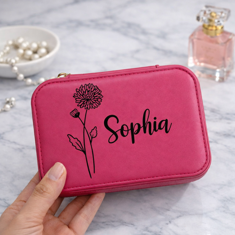 Personalized Birth Flower Jewelry Box – Custom Leather Travel Jewelry Case, Bridesmaid Proposal & Bridal Party Gift (Random Box-Pack of 1)