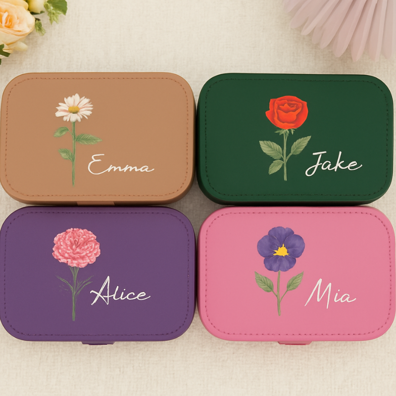 Personalized Birth Flower Jewelry Box – Custom Travel Jewelry Organizer for Mom, Bridesmaid & Birthday Gift for Her (Random Box)