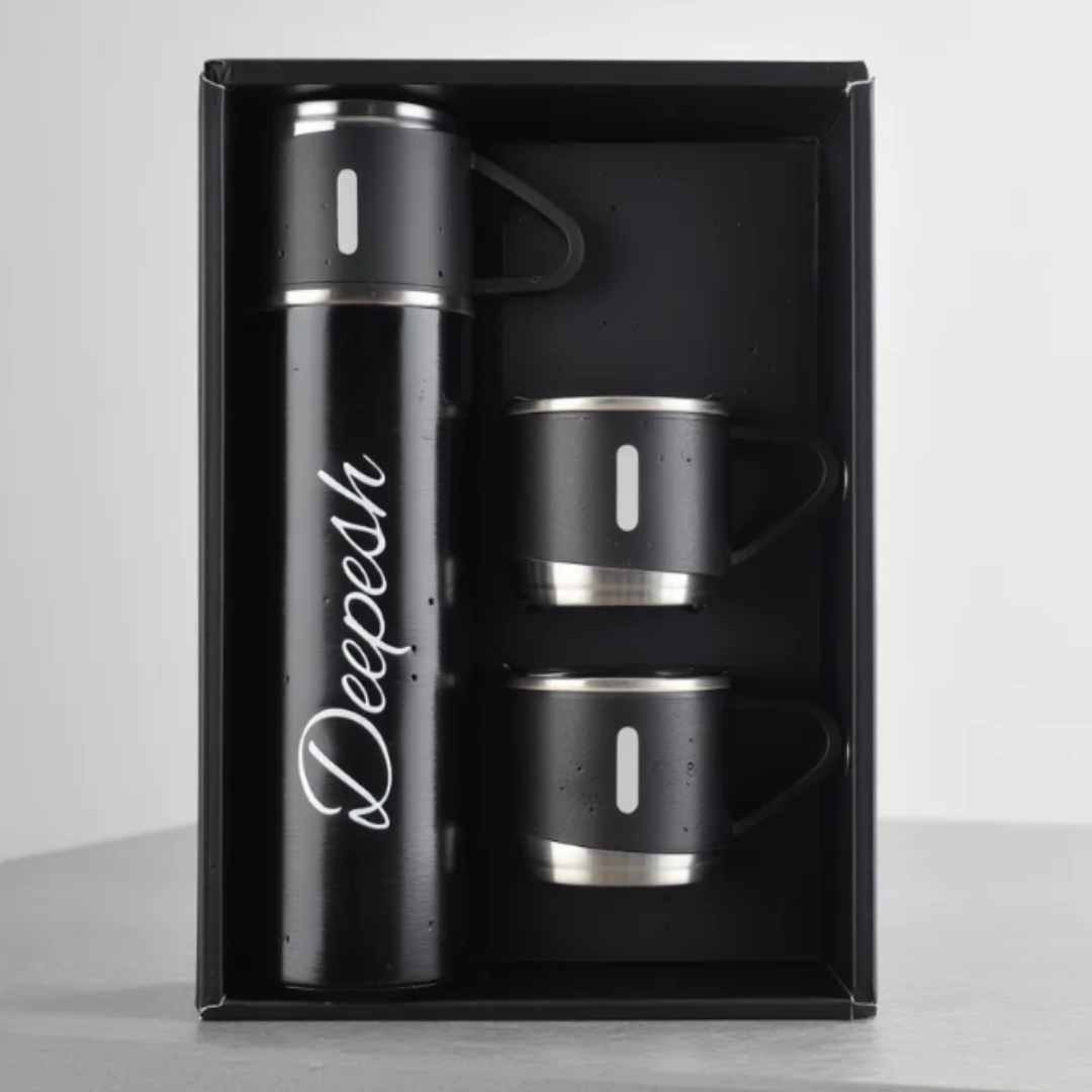 Personalized Double Wall Vacuum Insulated Flask Set – 500ml Stainless Steel Bottle with 2 Cups | Leak-Proof, Hot & Cold Thermos for Travel, Office & Gifting (Random Color)