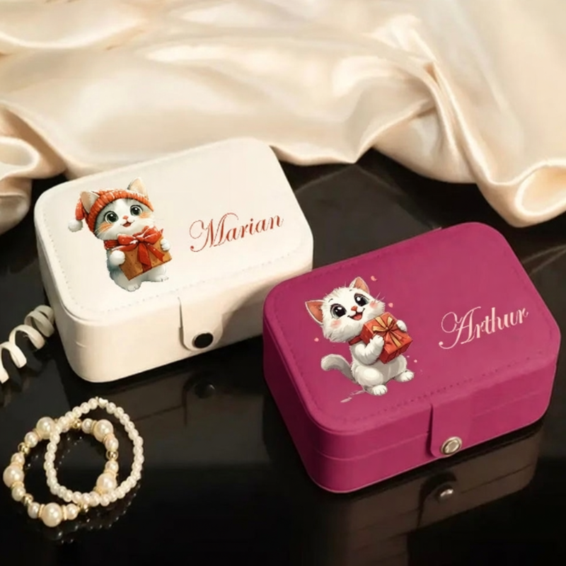 Personalized Faux Leather Jewelry Box with Cute Kitten Design – Custom Name Travel Jewelry Organizer for Girls (Random Box-Pack of 1)