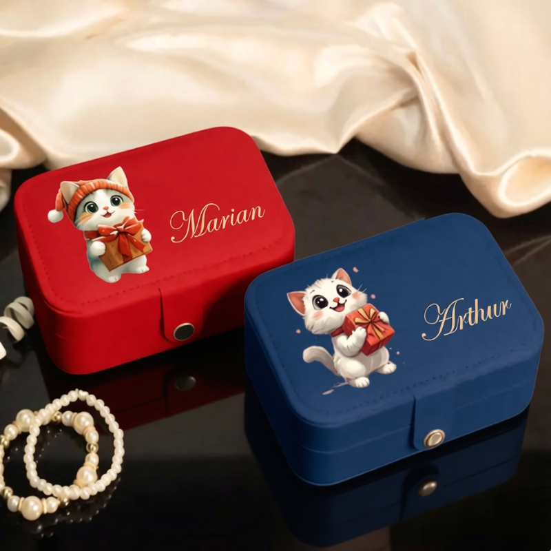 Personalized Faux Leather Jewelry Box with Cute Kitten Design – Custom Name Travel Jewelry Organizer for Girls (Random Box-Pack of 1)