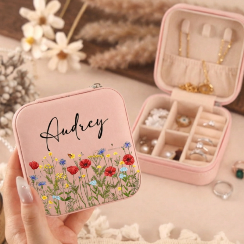 Personalized Faux Leather Travel Jewelry Case with Name & Floral Design – Custom Jewelry Organizer for Women (Random Box-Pack of 1)