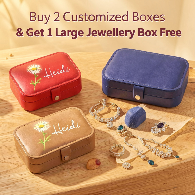 Personalized Large Jewellery Box with Name & Birth Month Flower – Custom Travel Jewelry Organizer Case (Random Color) | Buy 2 Customized Boxes & Get 1 Large Jewellery Box Free