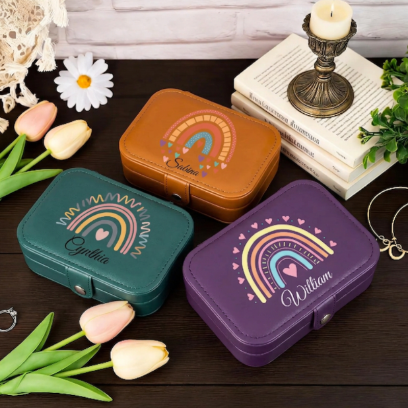 Personalized Leather Rainbow Jewelry Box,Travel Keepsake Organizer,Wedding Bridesmaid Gift,Mothers Day Keepsake,Birthday Gift For Nana Mommy (Random box-Pack of 1)