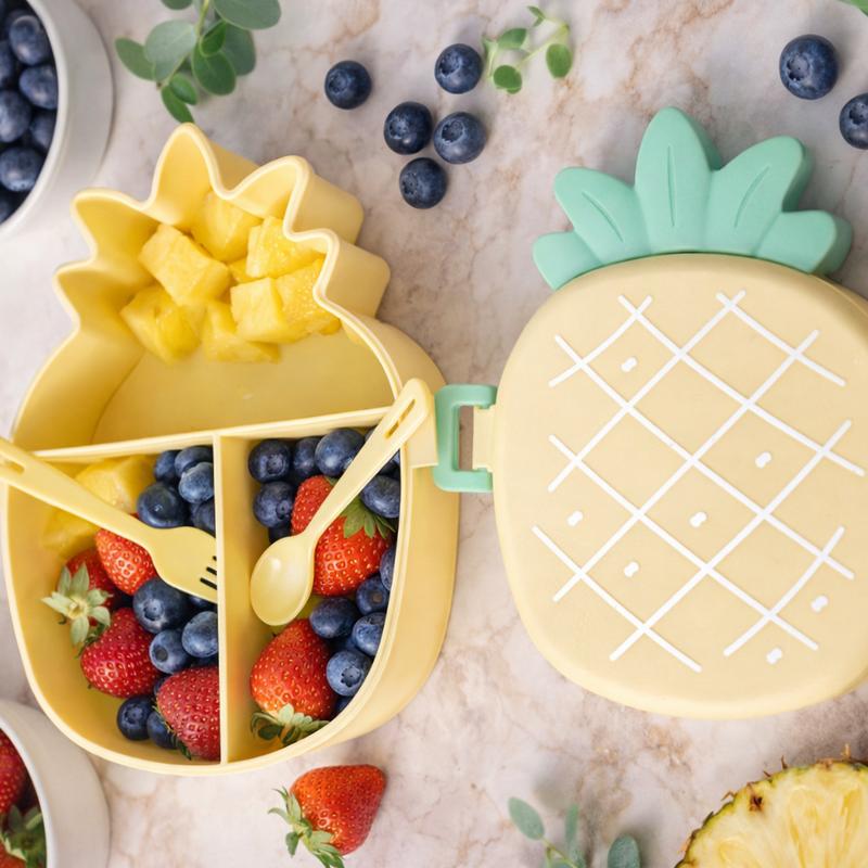Pineapple Shape Lunch Box with 3 Compartments – Plastic Tiffin Box with Spoon & Fork | Cute Kids Lunch Box for School & Travel