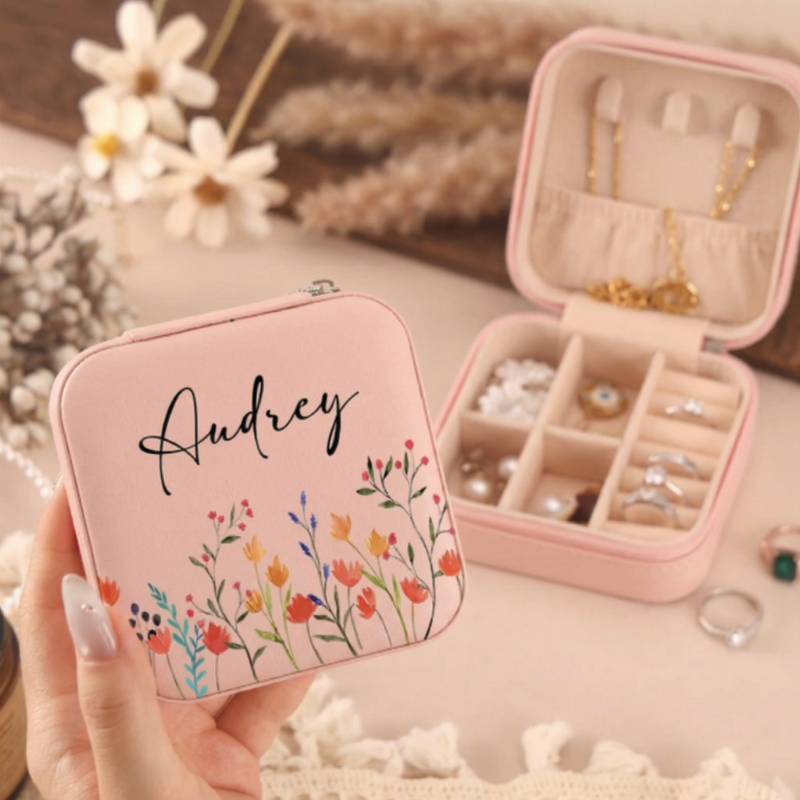 Personalized Name & Flower Design Jewelry Box – Travel Jewelry Organizer for Bridesmaids & Gifts for Her
