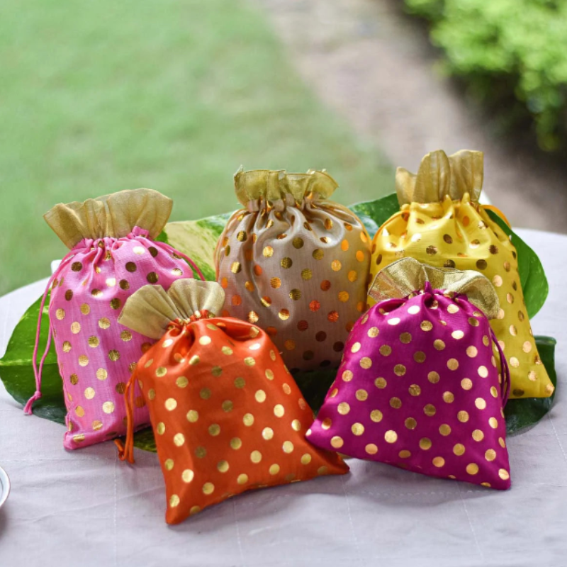 Polka Dot Small Potli Bags – 3 Pc Gift Pouch Set for Wedding, Party Favors, Jewelry, and Gift Packaging (Random Color)