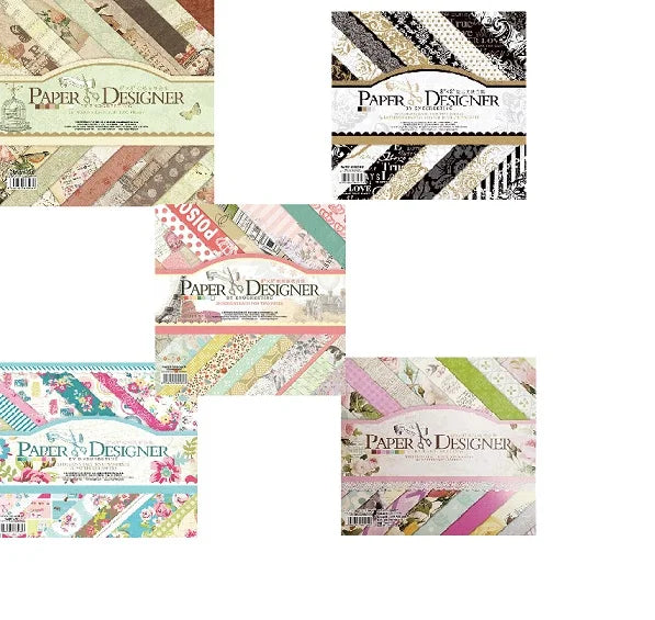 Five packs of Paper & Designer printed papers for art and craft are arranged on a white background.Five packs of Paper & Designer printed papers for art and craft are arranged on a white background.