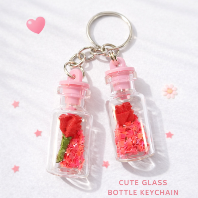 12 Pcs Glass Bottle Keychains with Rose & Glitter – Decorative Mini Bottle Keyring (Random Color)