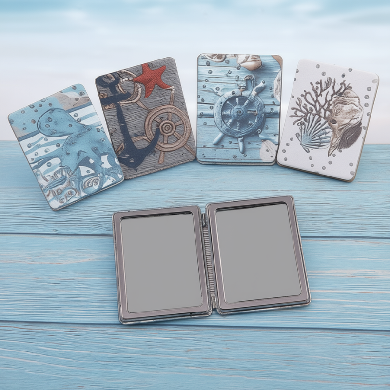 Ocean Print Rectangular Shape Diamond Mirror – Travel-friendly Elegant and Stylish Mirror ( Pack of 1 )