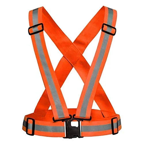An orange high-visibility reflective safety vest belt jacket is displayed against a white background. The vest features adjustable straps with reflective silver stripes in an X-shape across the back and vertical stripes on the front. A black buckle secures the waist belt. High visibility vest, reflective jacket, safety wear, workwear, protective clothing, home improvement, tool store, home essential.