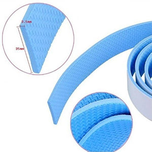 A roll of light blue KiddySafe edge protector tape is shown with close-up insets detailing its dimensions (8.5mm thickness, 35mm width) and textured surface.KiddySafe, edge protector, safety tape, dimensions, texture.