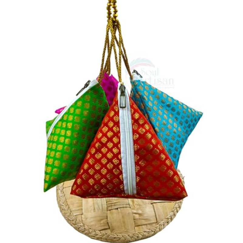 Samosa Triangle Shape Potli Bag Purse with Zipper for Women – Retro Silk Hand-Carry Ethnic Pouch for Parties & Festive Occasions(Random color-Pack of 1)