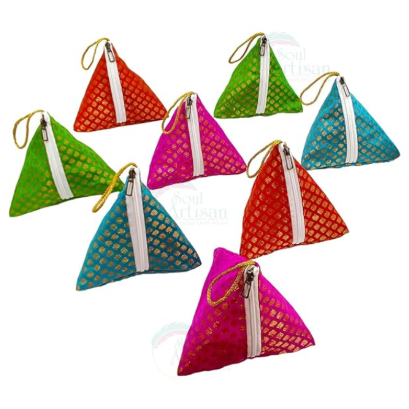 Samosa Triangle Shape Potli Bag Purse with Zipper for Women – Retro Silk Hand-Carry Ethnic Pouch for Parties & Festive Occasions(Random color-Pack of 1)