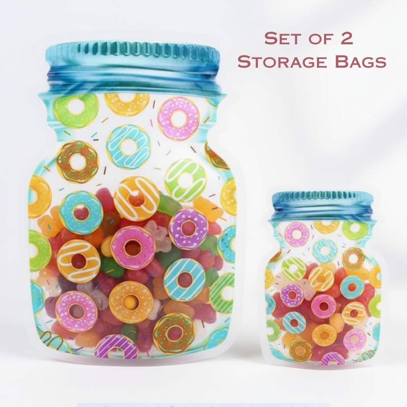 Jar-Shaped Ziplock Food Storage Bags – Airtight BPA-Free Snack & Dry Food Pouches with Donut Print (1 Big +1 Small Jar-Set of 2 PCs)