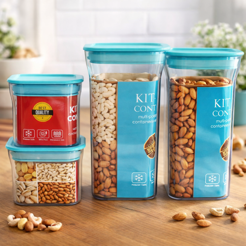 Set of 4 Multipurpose Airtight Plastic Kitchen Storage Containers – Stackable Food Storage Boxes (Random Color)