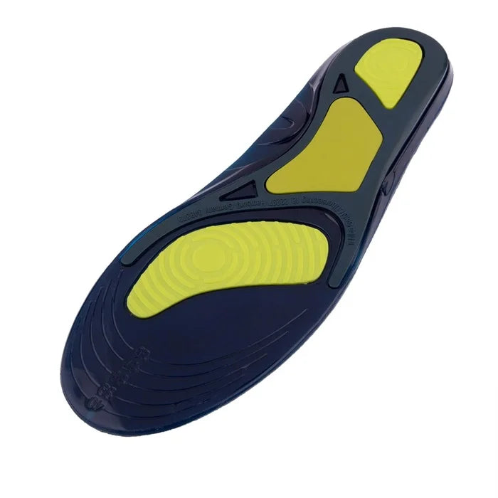 A dark blue shoe insole with yellow cushioned segments, designed to provide comfort and foot arch support. The pain relief insole features textured patterns and contours for improved fit and cushioning.