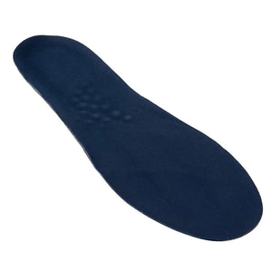 A single dark blue shoe insole with a smooth surface and slight texturing in the arch area, providing excellent pain relief through enhanced arch support.