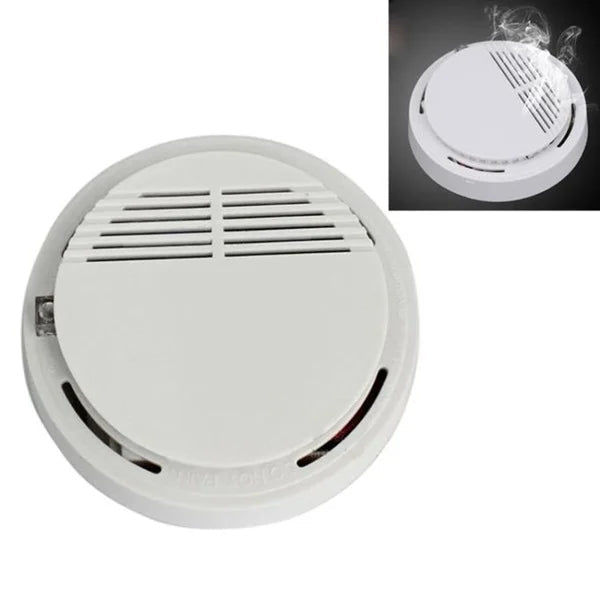 A white, round Maxbell wireless hot smoke detector is shown. The main image is a close-up of the device, featuring horizontal vents on one side. An inset image in the upper right corner shows the same smoke detector emitting white smoke, illustrating its function.smoke detector, fire warning sensor, home safety, high sensitive, home improvement store, home improvement, household items, home essentials.