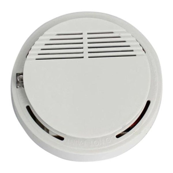 A white, round smoke detector is shown against a white background. The device has horizontal vents on one side and a smooth, curved surface on the other.smoke detector, fire safety, home safety, safety device, household items, home essentials.