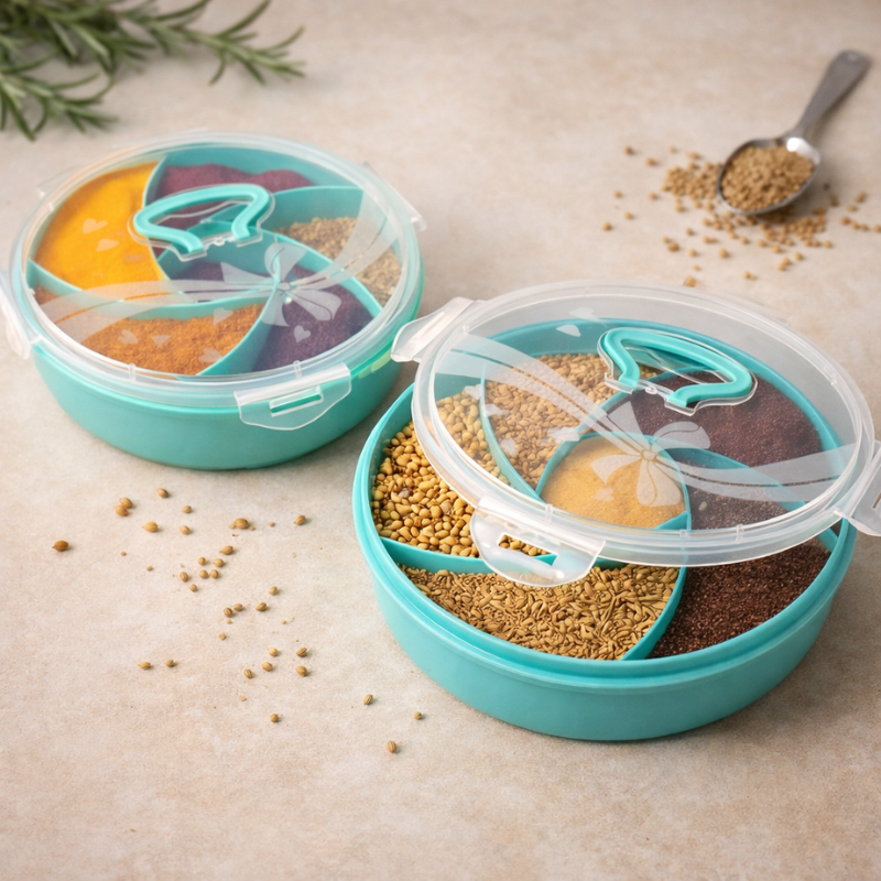 Spiral Masala Box with 6 Compartments – Multipurpose Spice & Dry Fruit Storage Organizer | Food Grade Plastic (Random Color-Pack of 1)
