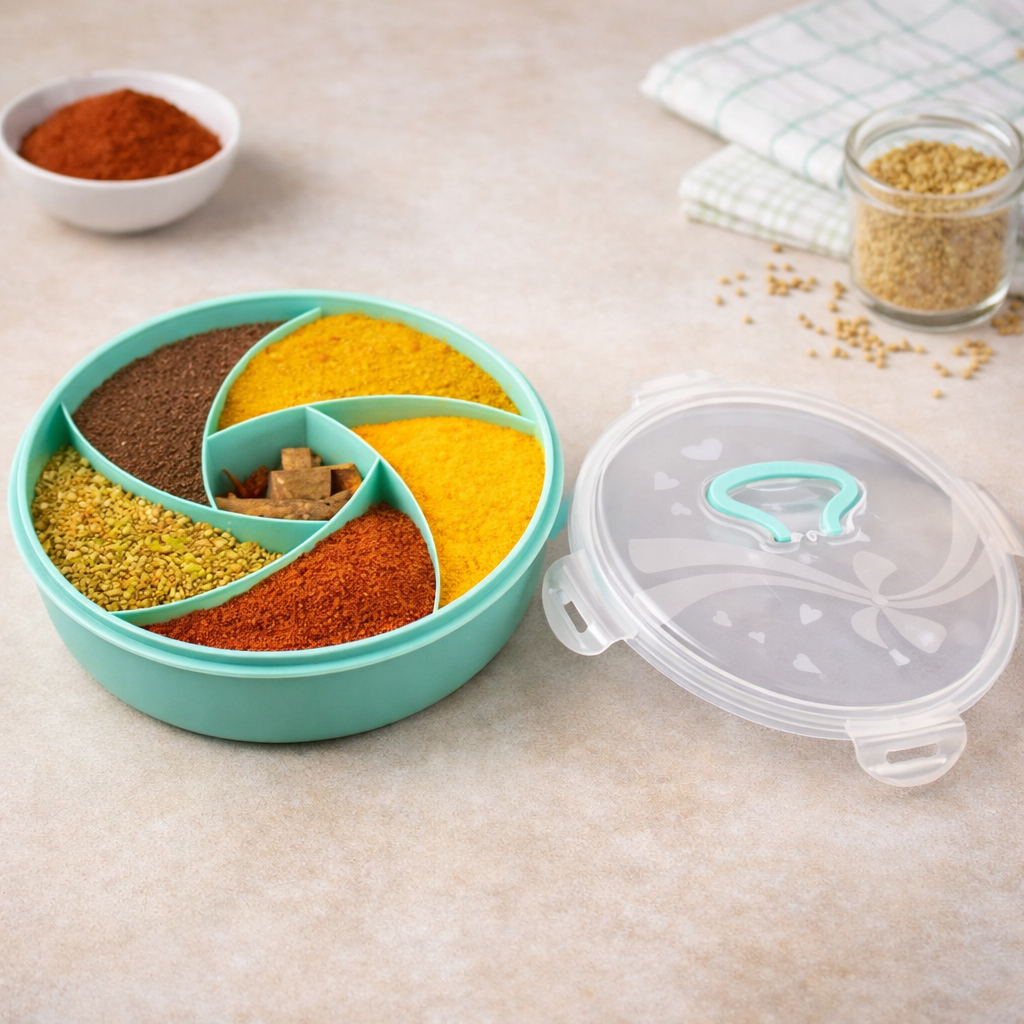 Spiral Masala Box with 6 Compartments – Multipurpose Spice & Dry Fruit Storage Organizer | Food Grade Plastic (Random Color-Pack of 1)