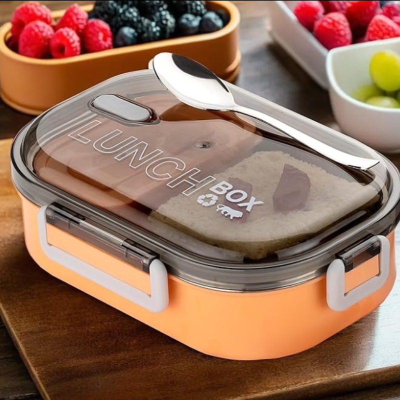 Stainless Steel Lunch Box with Spoon – Break Time Food Container for School, Office & Travel (Random color-Pack of 1)